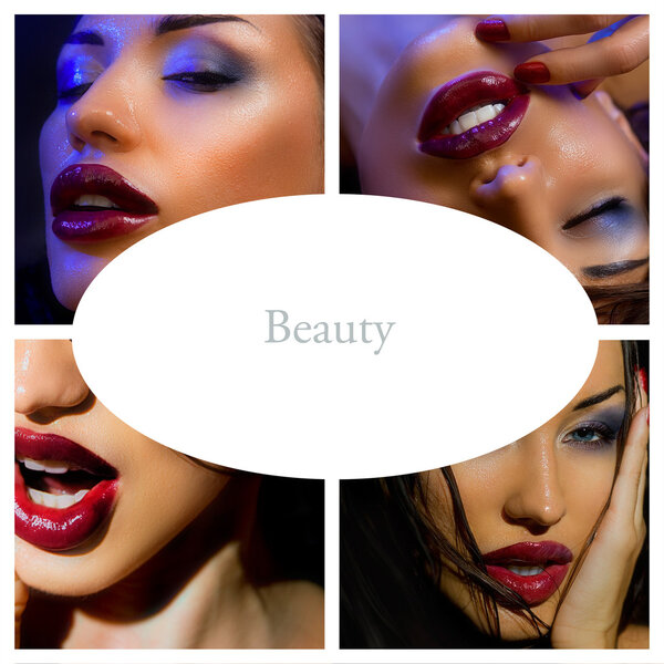 Makeup Collage. Beautiful young women with stylish bright make-u