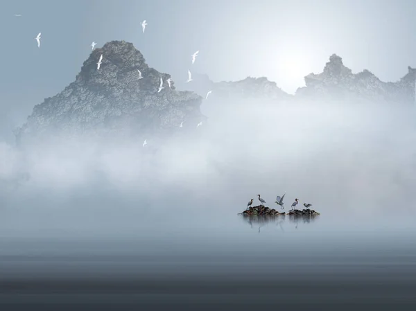 Birds family on the fogy and misty lake