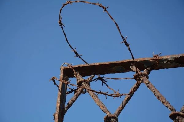青い空に対する錆びた鉄条網の破片で錆びた金属製の保護グリルを鍛造 — ストック写真