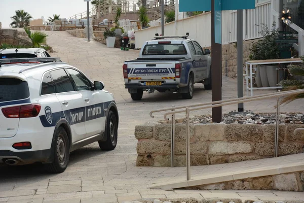 Dezembro 2021 Cesareia Israel Carro Polícia Israelense Com Texto Logotipo — Fotografia de Stock