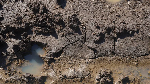 一条在肮脏的路上的泥泞和水坑中的路 雨后的泥坑 肮脏的地面 — 图库照片