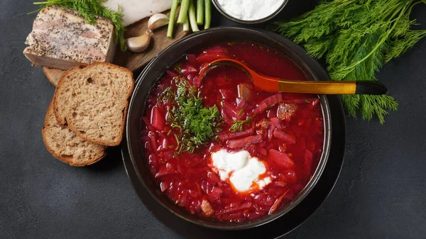 Borscht Rusia Tradisional Ukraina Mangkuk Sup Akar Bit Merah Borsch — Stok Foto