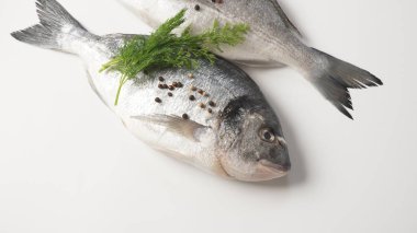 Çiğ çiğ çiğ dorado veya limonlu çipura balığı, otlar, vişneli domates ve siyah arka planda baharatlar.