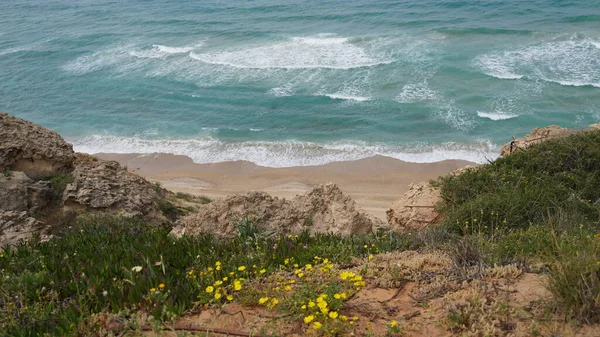 夏の美しい海岸 穏やかな青い海の風景 石と砂浜 日当たりの良い海 イスラエルのネタニヤ市 — ストック写真