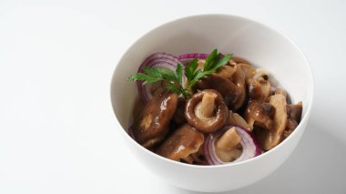 Tuzlu mantar, Lactarius resimus, sonbahar hasadı. Ev yapımı mantar turşusu, marine edilmiş kırmızı soğan halkaları biber, sarımsak ve defne yaprağı. Tuzlu Lactarius resimus, yağlı ve taze doğranmış dereotlu.