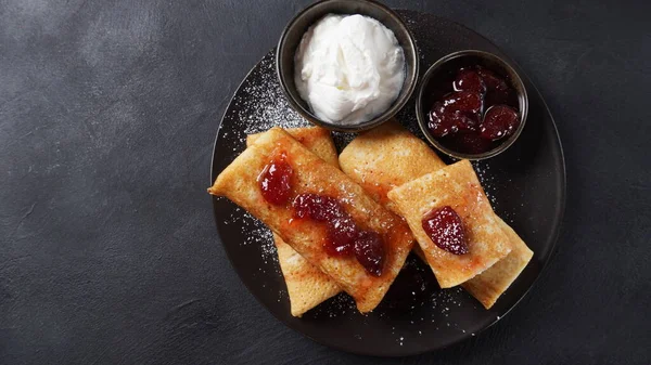 Pancakes Sweet Cottage Cheese Strawberry Jam Breakfast — Foto Stock