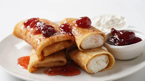 Pancakes Sweet Cottage Cheese Strawberry Jam Breakfast — Foto Stock