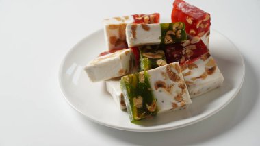 Türklerin çeşitli zevkleri Rahat lokum 'dur. Renkli Türk lokumu küpleri. Ramazan Bayrami (Kurban Bayrami) ve Kurban Bayrami (Kurban Bayrami) arkaplan fotoğrafı.