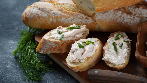 French Baguette Sandwiches Smoked Salmon Soft Cream Cheese Pate Mousse — Stock Photo, Image