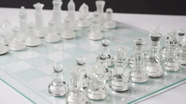 Transparent Chess Figures Reflective Chess Board Pawns Forward One Step — Foto Stock
