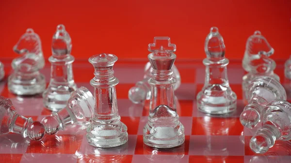 Transparent Chess Figures Starting Position Reflective Chess Board Red Tone — Stock Fotó