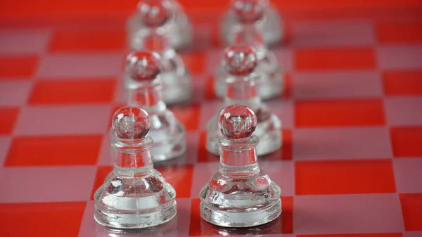 Pieces Transparent Chess Pawns Transparent Chess Figures Chessboard Red Tone — Foto Stock