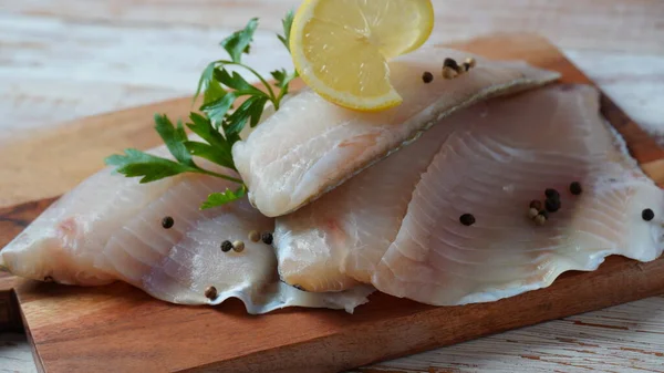 Fresh Tilapia Fish Fillet Sliced Steak Salad Herbs Spices Lemon — Stock Photo, Image