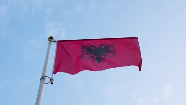 Bandera roja de Albania en el viento con el cielo en el fondo — Vídeo de stock
