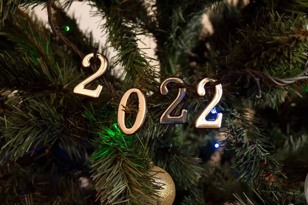 Nuevo Año 2022 Números Ramas Árbol Navidad Verde Tarjeta Decoración — Foto de Stock