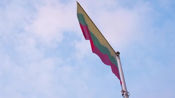 Republic of Lithuania Flag with flagpole waving in wind, sky with clouds on background — Video Stock