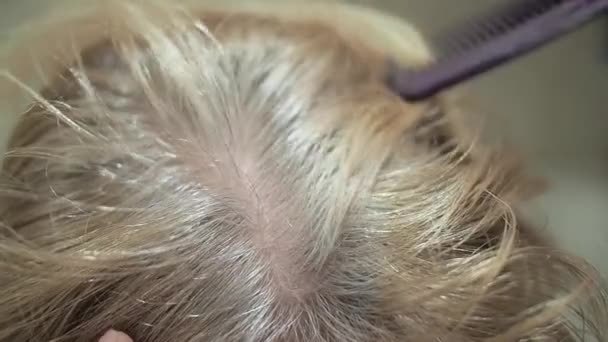 Closeup shot of a middle aged woman showing her strands gray hair roots — Stockvideo