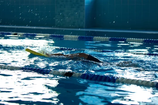 难以辨认的孩子在有泼水的游泳池里自由泳风格的训练. — 图库照片