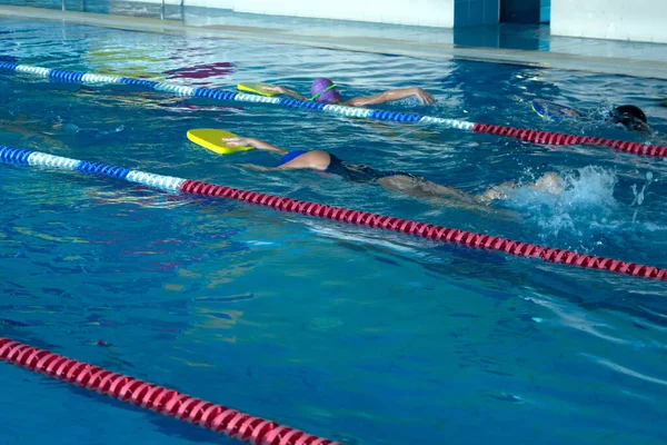 Zwemmen in het zwembad. Tieners en jongens leren freestyle stijl zwemmen met zwemplanken — Stockfoto