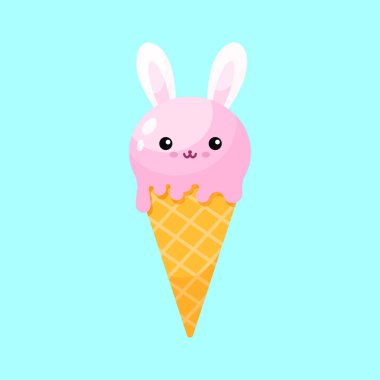 Cute rabbit cartoon  ice cream cone vector flat illustration.