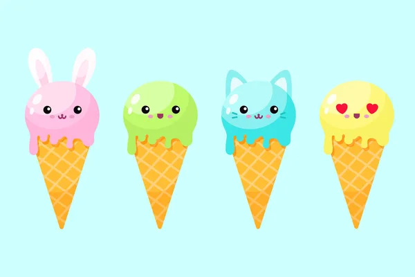 Cute Cartoon Ice Cream Cones Vector Flat Illustration — Stockfoto