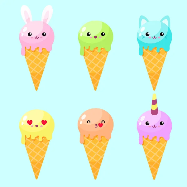 Cute Cartoon Ice Cream Cones Vector Flat Illustration — Stock Photo, Image