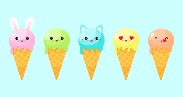 Cute Cartoon Ice Cream Cones Vector Flat Illustration — Stock Photo, Image