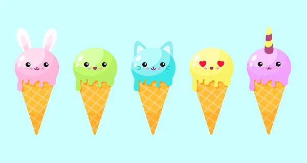 Cute Cartoon Ice Cream Cones Vector Flat Illustration — Foto Stock