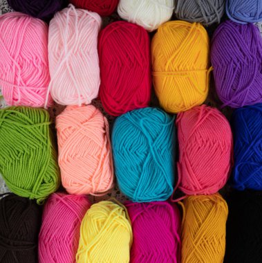 Top view of colorful yarn background