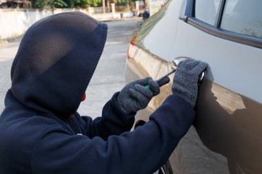 Erkek hırsız arabanın camından çanta çalıyor..