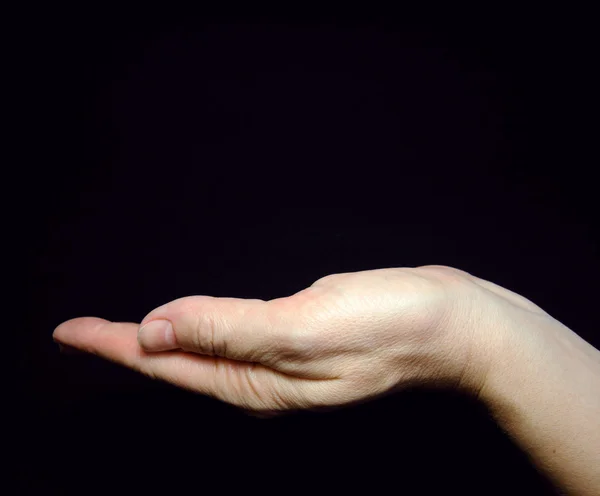 Mulher mão segurando no fundo preto — Fotografia de Stock