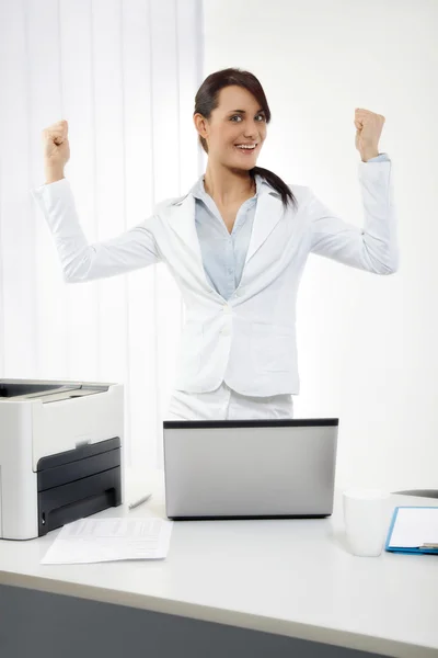 Uśmiechnięta kobieta, pracująca w laptopie — Zdjęcie stockowe