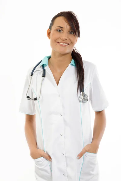 Doctora joven sobre fondo blanco — Foto de Stock