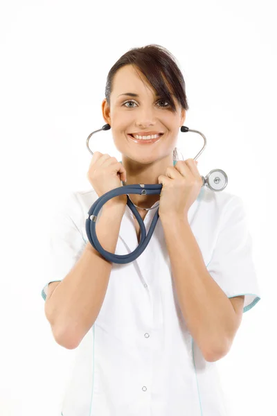 Doctora joven sobre fondo blanco — Foto de Stock