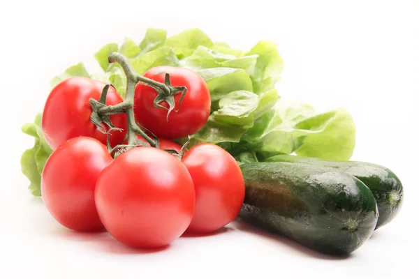 Fresh tomatoes, cucumber and lettuce — Stock Photo, Image