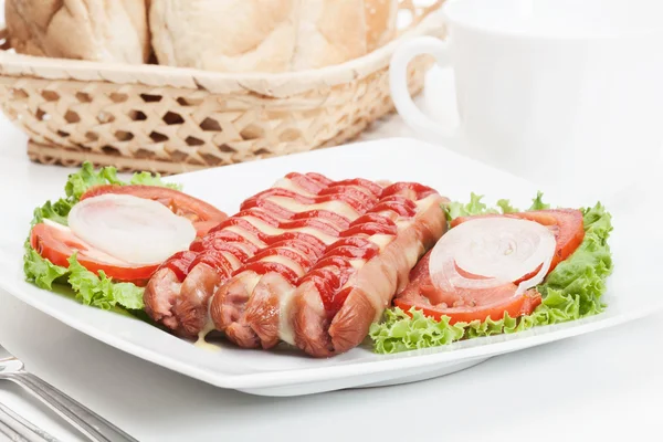 Closeup of baked sausage witch cheese. Selective focus — Stock Photo, Image