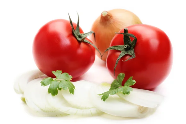 Tomatoes and onion on white background — Stock Photo, Image