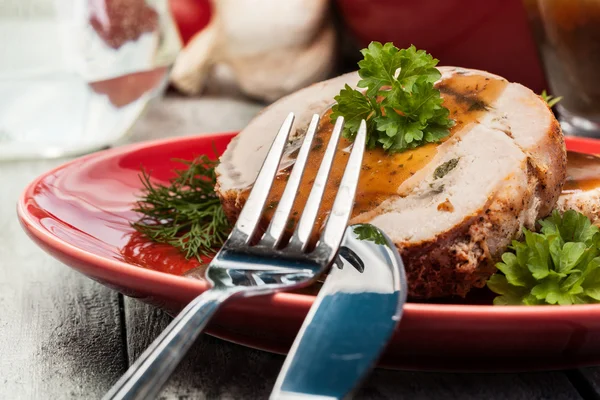 Slices of pork roast stuffed with mushrooms — Stock Photo, Image