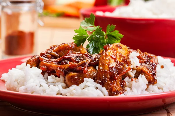 Sweet and sour pork and rice — Stock Photo, Image