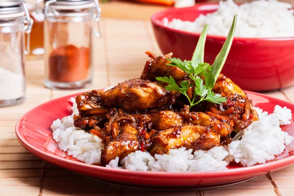 Sweet and sour pork and rice — Stock Photo, Image