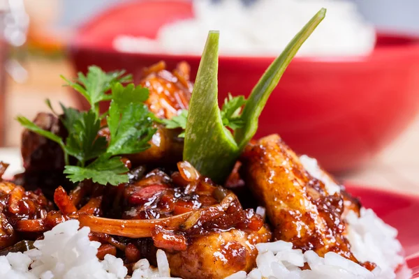 Sweet and sour pork and rice — Stock Photo, Image