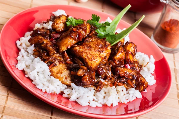 Sweet and sour pork and rice — Stock Photo, Image