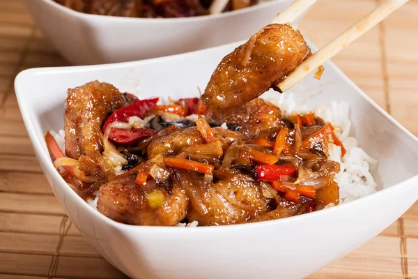 Sweet and sour pork and rice — Stock Photo, Image