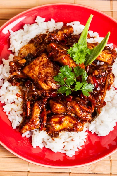 Sweet and sour pork and rice — Stock Photo, Image