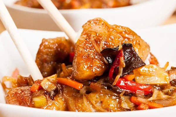 Sweet and sour pork and rice — Stock Photo, Image