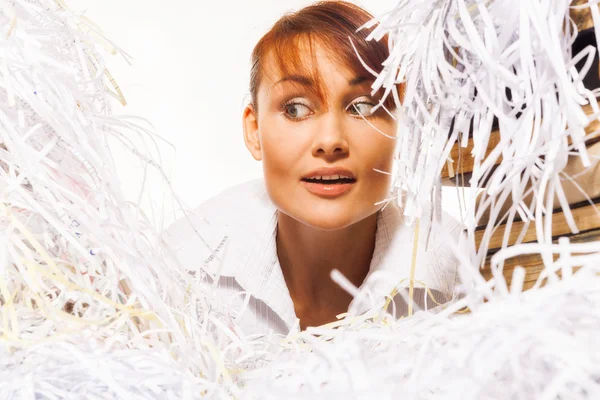 Young woman with shredded paper — Stock Photo, Image