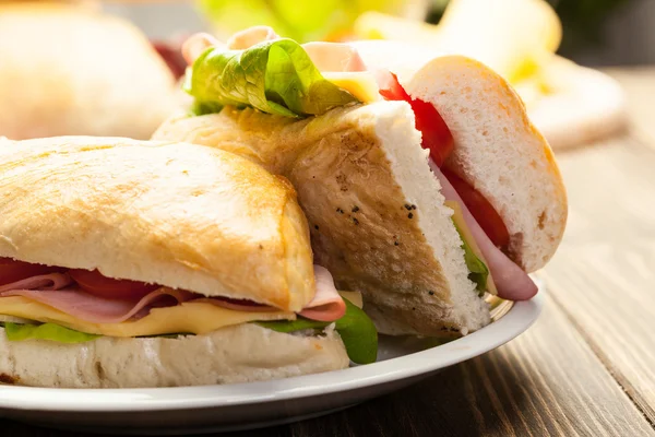 Sanduíche de panini italiano com presunto, queijo e tomate — Fotografia de Stock