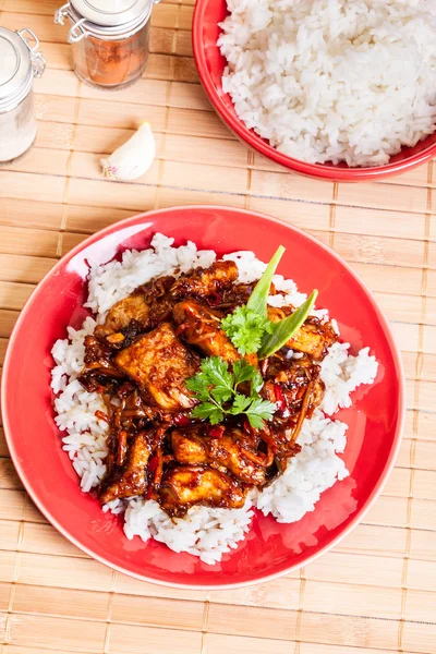 Sweet and sour pork and rice — Stock Photo, Image