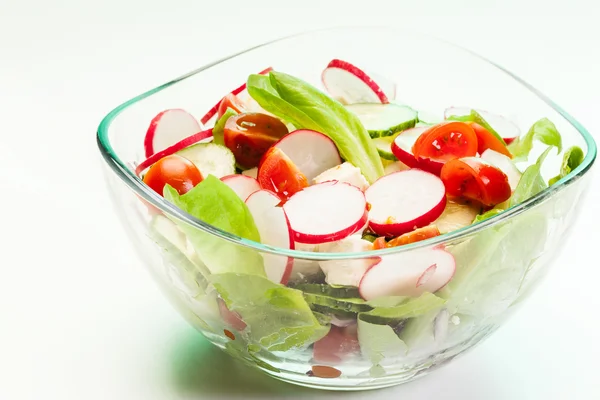 Ensalada de verduras frescas con pepino y rábano — Foto de Stock