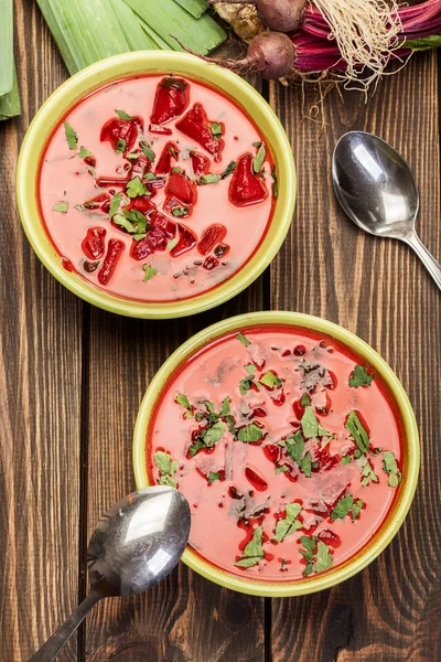 Beetroot soup with fresh vegetables in a bowl — Stock Photo, Image